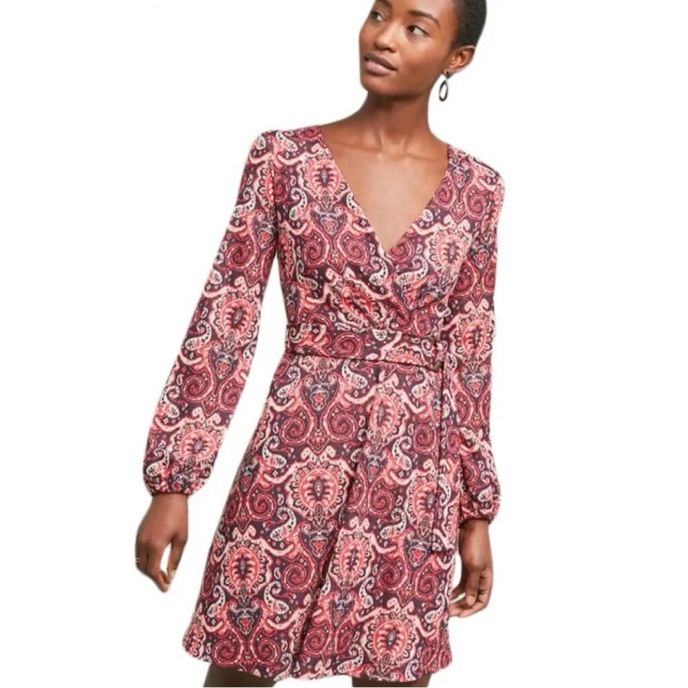Maeve by Anthropologie Surplice Mini Dress Paisley Metallic Pink Eggplant Small